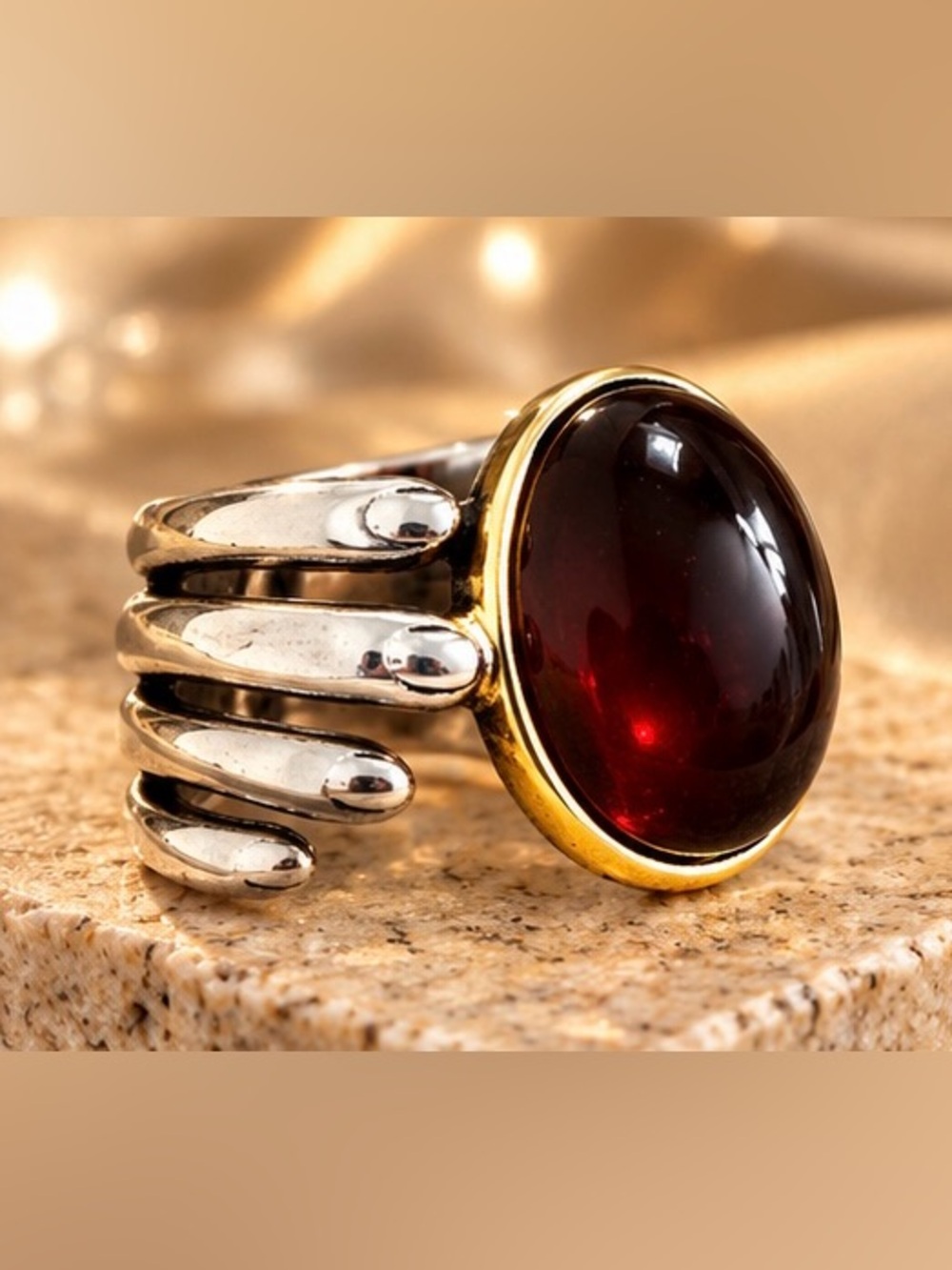 Burgundy Red Statement Ring Two Tone Oval Cocktail Ring